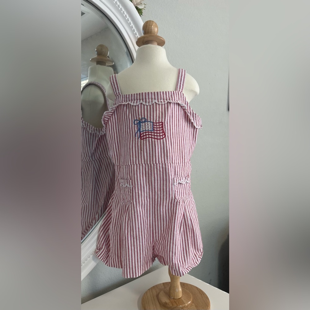 Red and White Striped Romper USA Flag